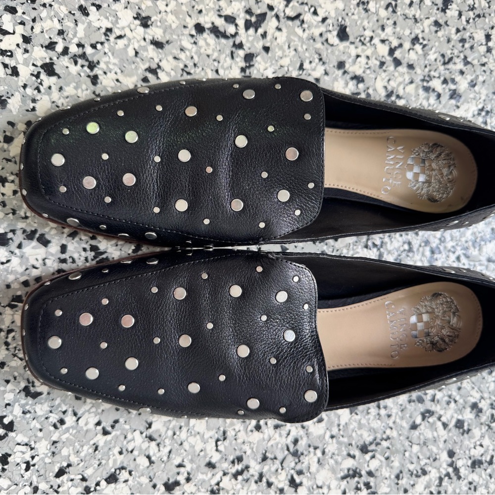 Vince Camuto Black Leather Studded Loafers